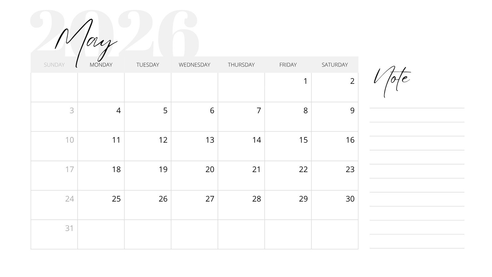 1600x900 Free to edit and print May 2026 calendar templates