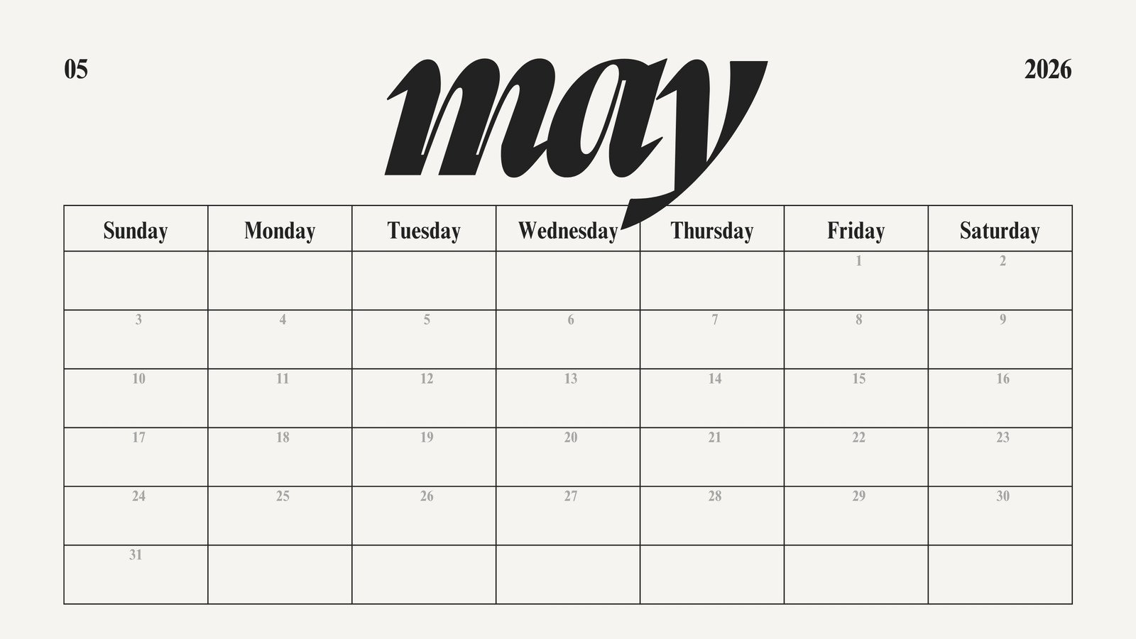 1600x900 Free to edit and print May 2026 calendar templates