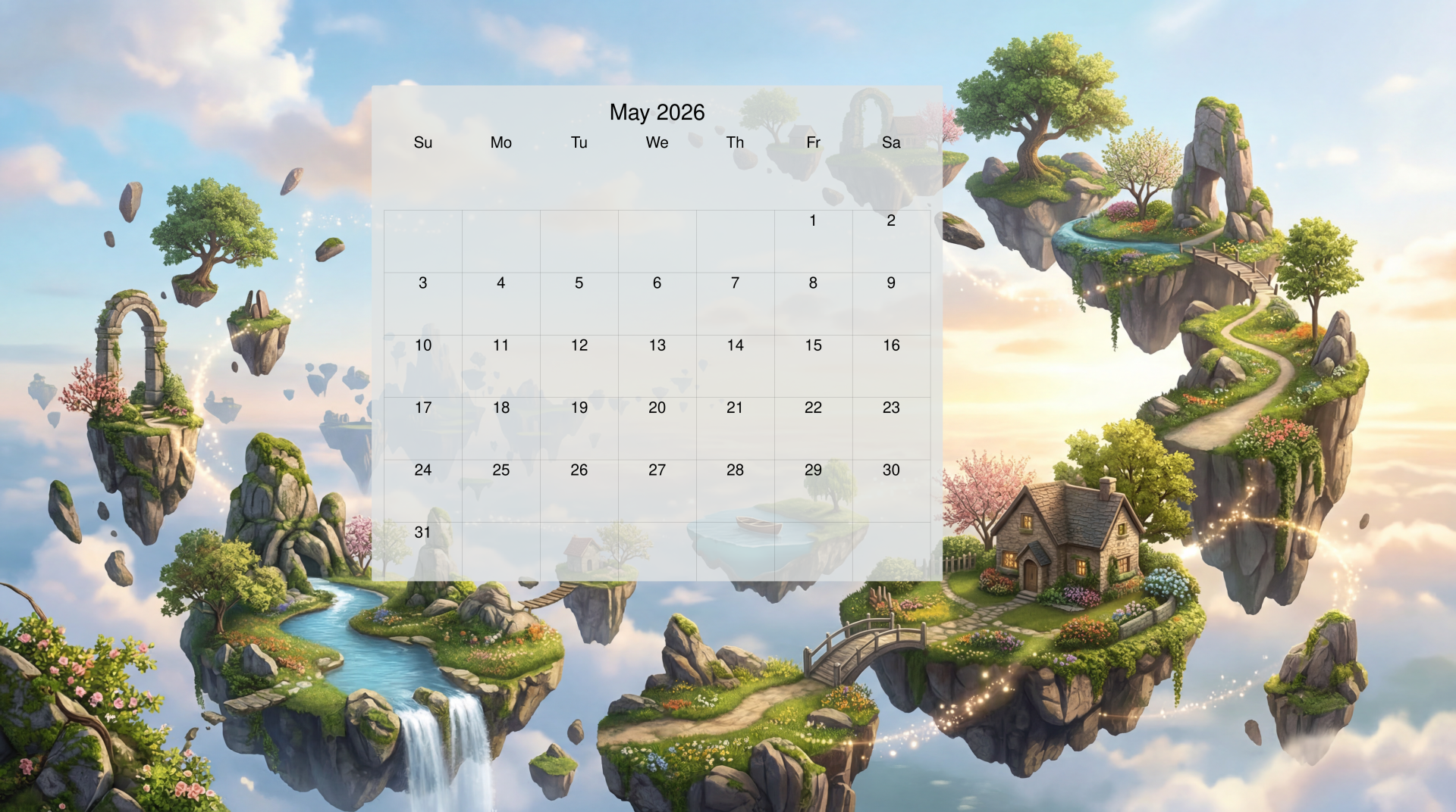1920x1072 May 2026 5K: Floating IslesK Ultra HD May 2026 Calendar. May 2026 Sky Isles Wallpaper 5K