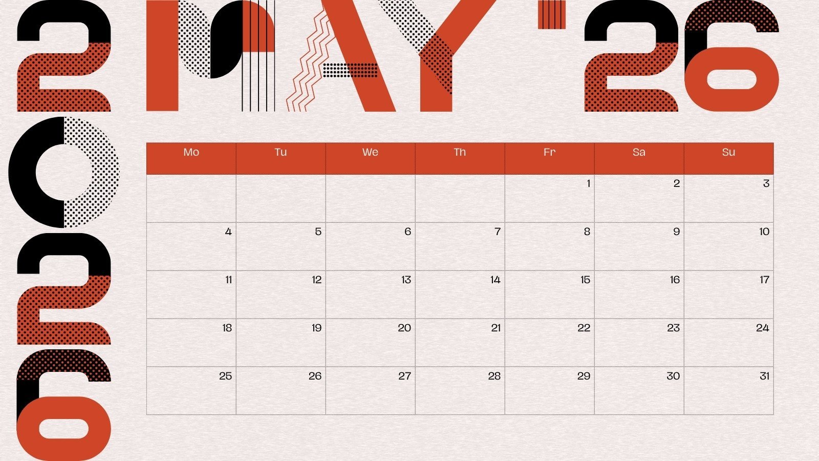 1600x900 Free to edit and print May 2026 calendar templates