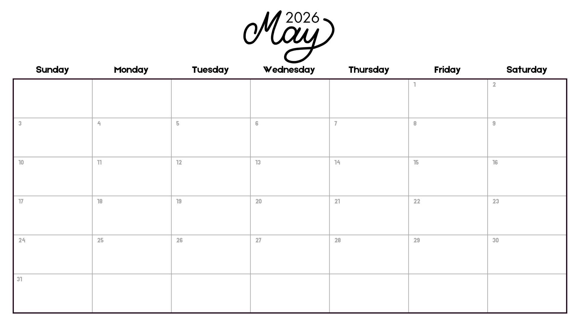 1920x1080 FREE Minimalist May 2026 Calendar Printable (PDF Download)