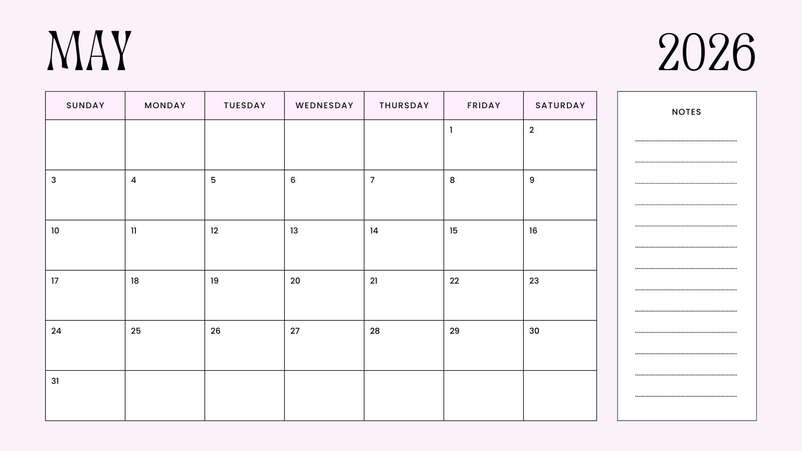 1600x900 Free to edit and print May 2026 calendar templates