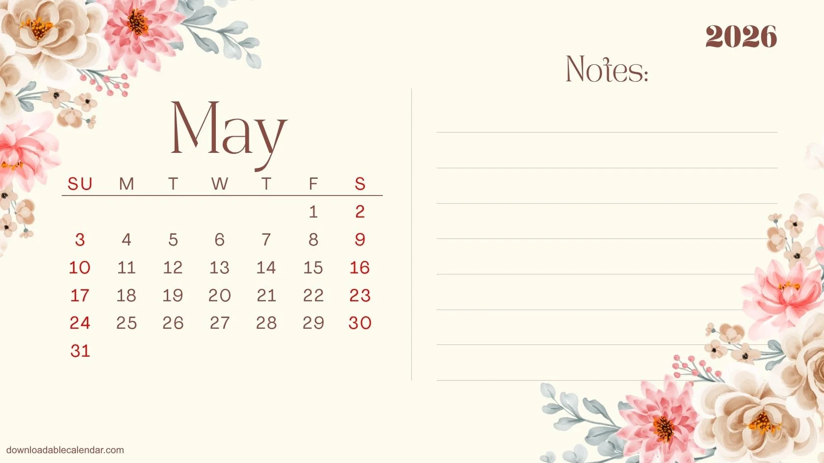 1680x945 Floral Calendar Printable 2026 : Plan, Write and Bloom