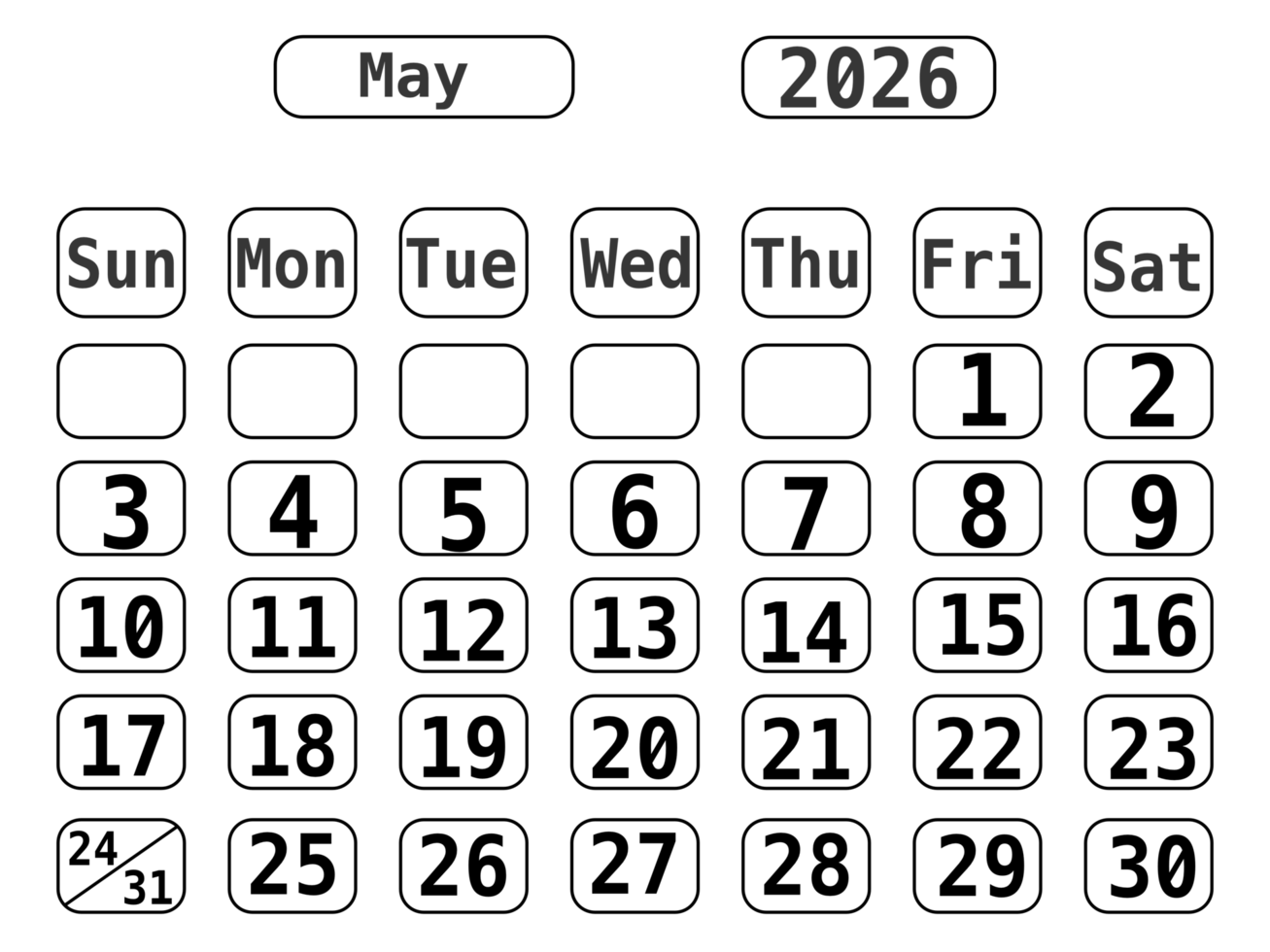 1307x980 Black Line Art 2026 Calendar template with No Background, May 2026 71048500 PNG