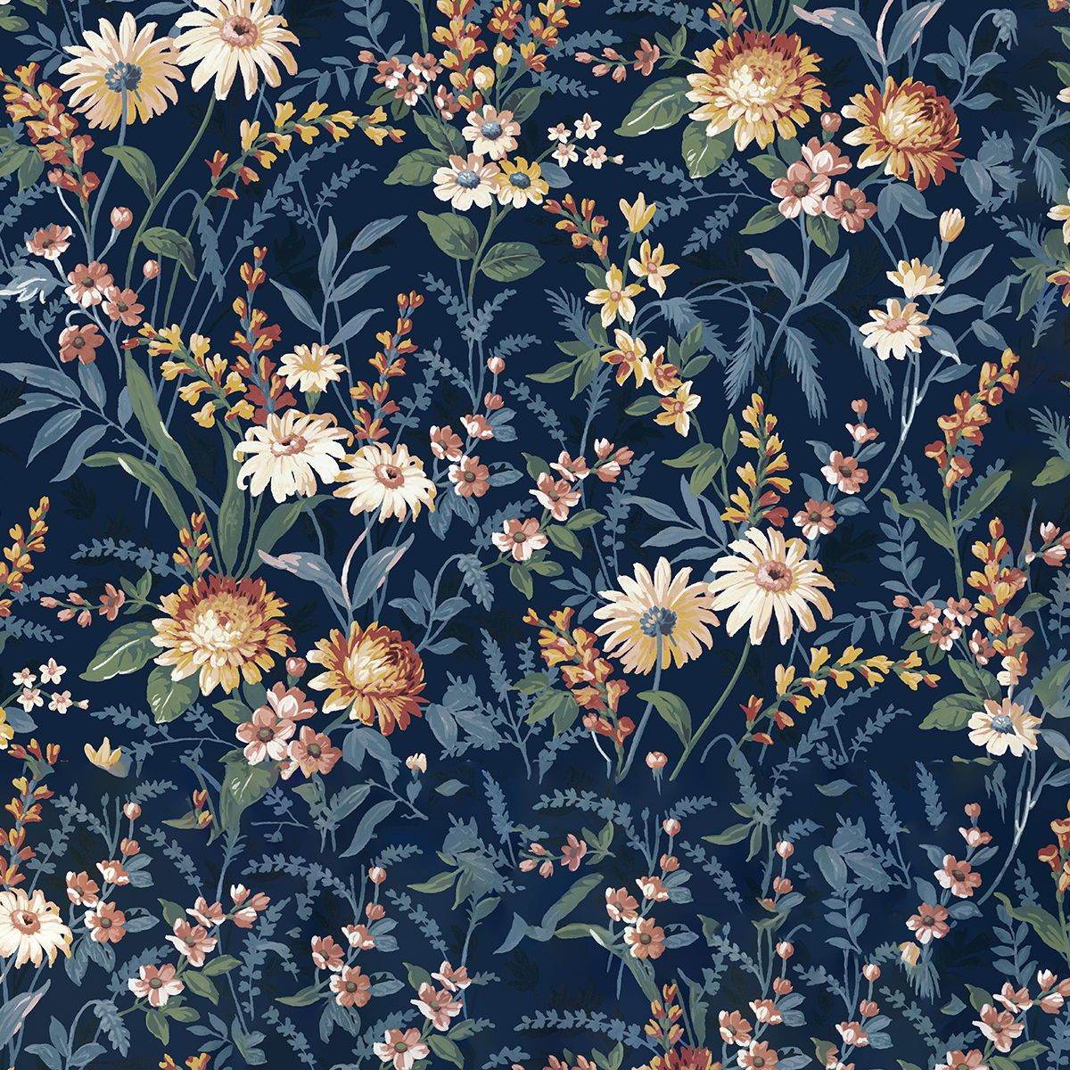 1200x1200 NextWall Vintage Floral Peel and Stick Navy Blue Wallpaper
