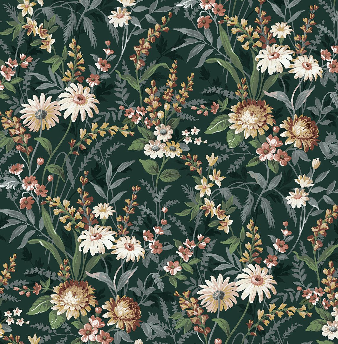 1141x1162 NextWall Vintage Floral Peel and Stick Forest Green Wallpaper