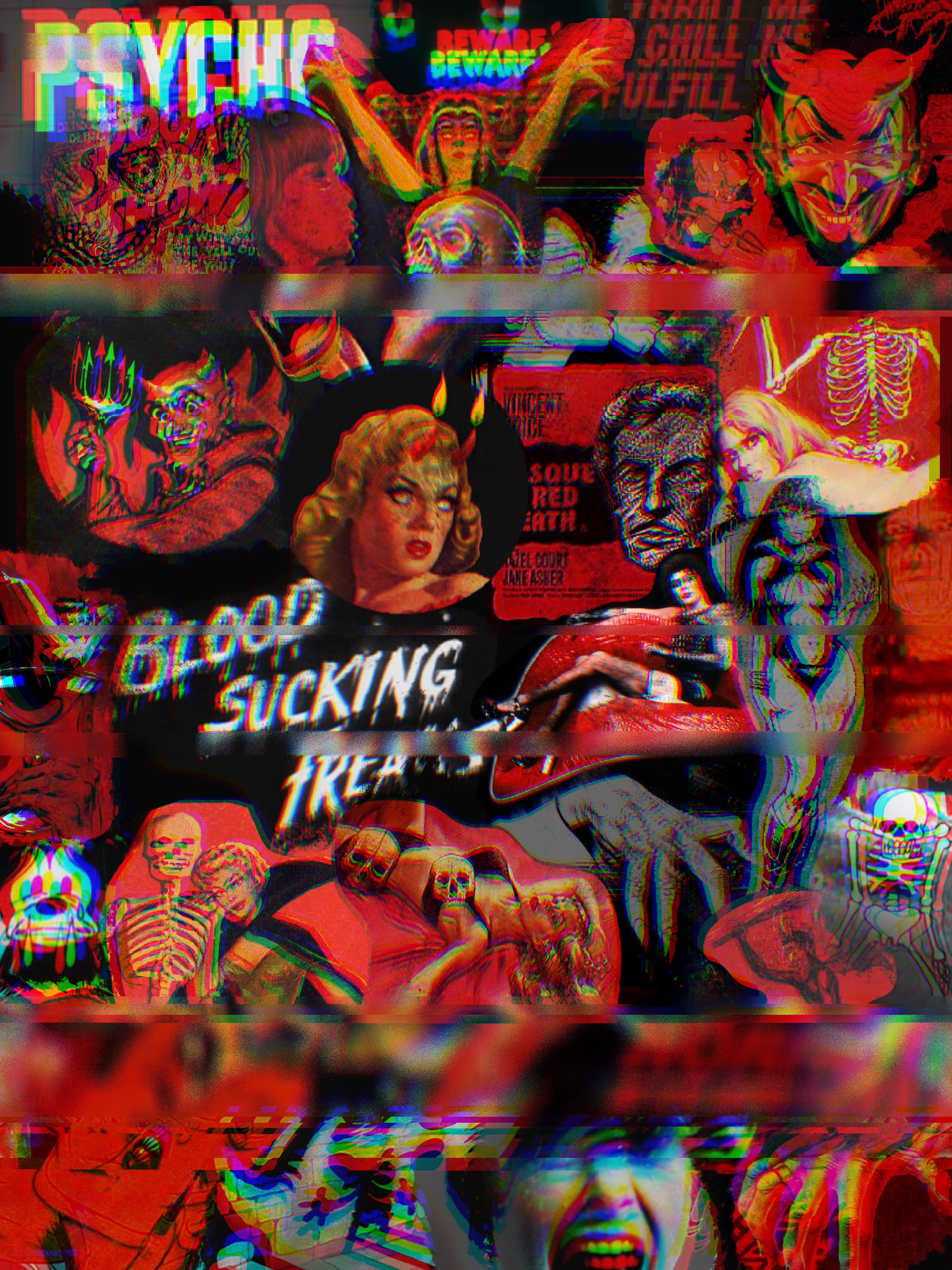 5400x7200 Made a vintage horror collage for my wallpaper this spooky season