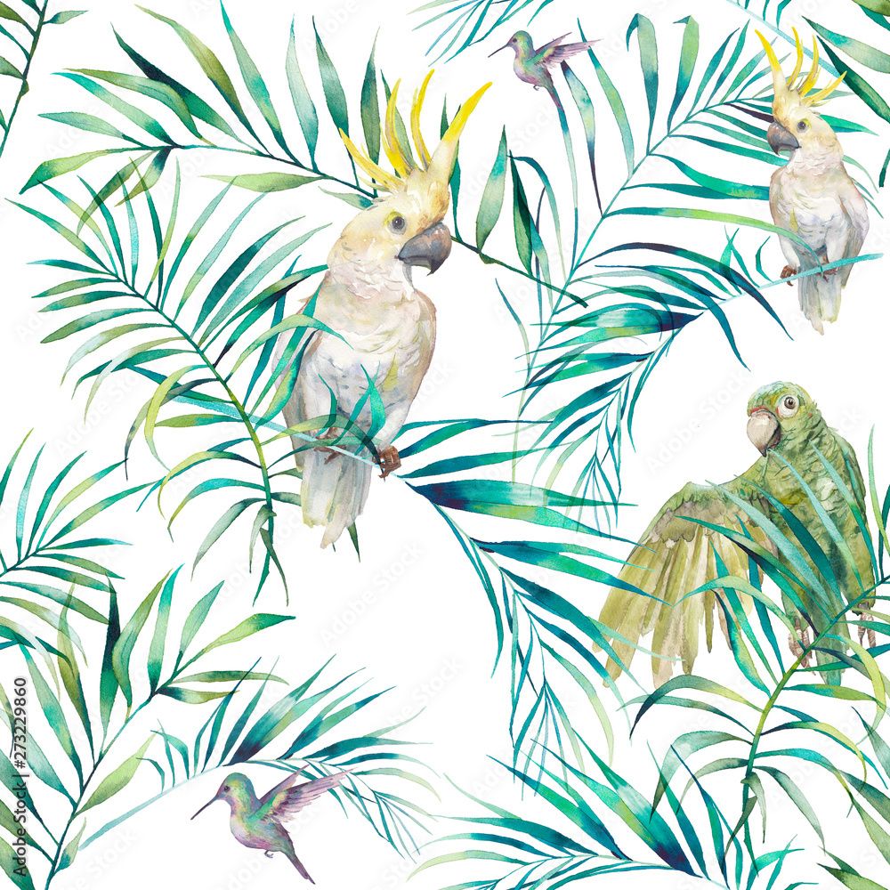 1000x1000 Watercolor tropical seamless pattern. Vibrant wallpaper with exotic birds, leaves and branches on white background. Palm tree and cockatoo, parrots, colibri Stock Illustration