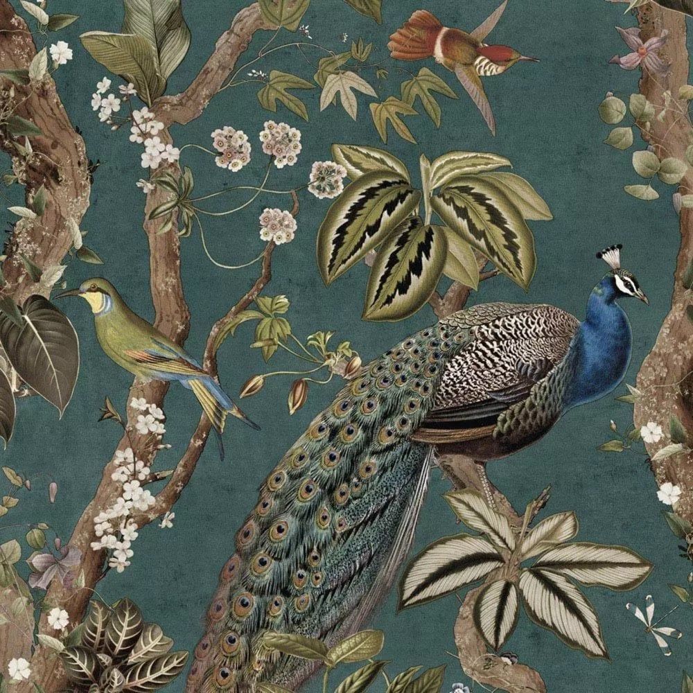 1000x1000 Holden Peacock Woods Tropical Floral Birds Wallpaper Aqua Teal 13682