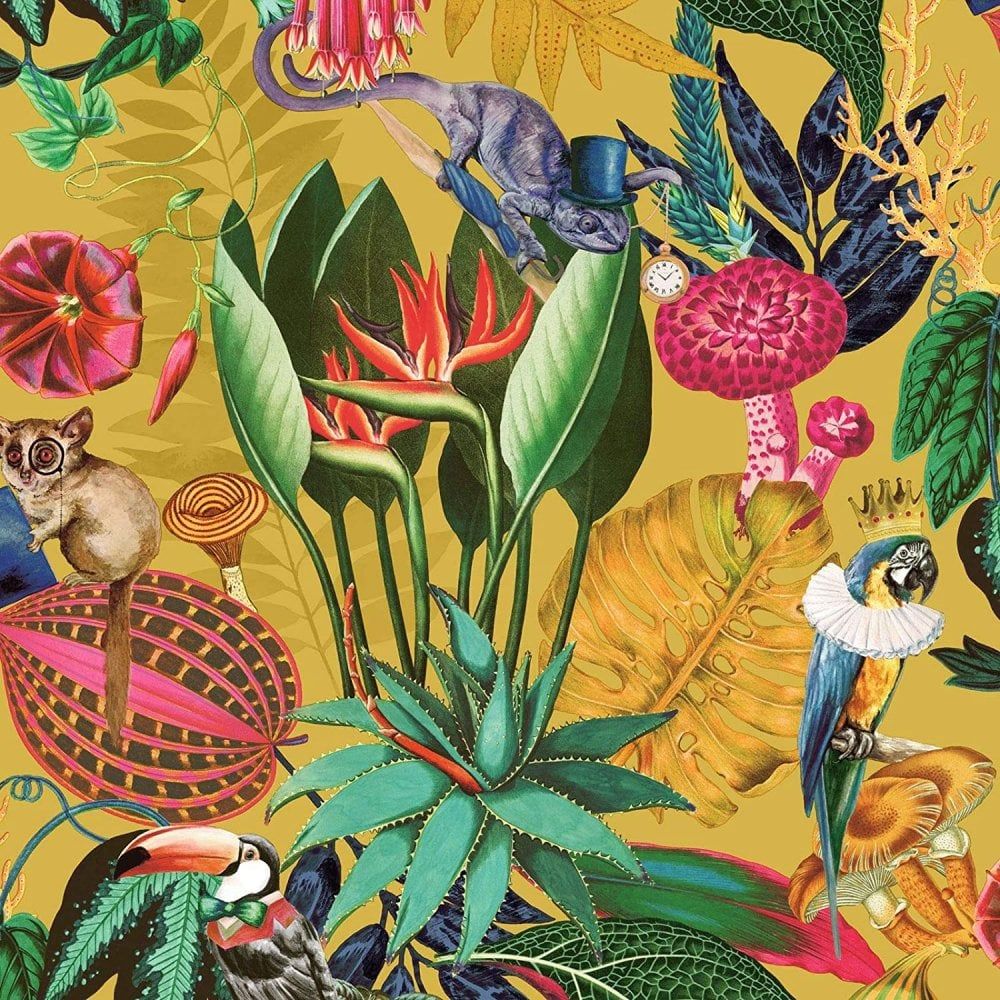 1000x1000 Holden Wonderland Birds Animals Rainforest Palm Wallpaper Ochre 91190