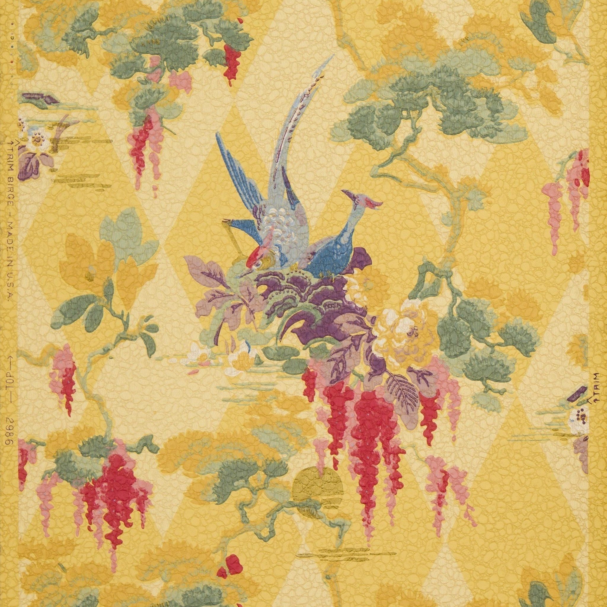 2048x2048 Exotic Birds Flowers, Gilt Sun, Harlequin Motif Antique Wallpaper & Company