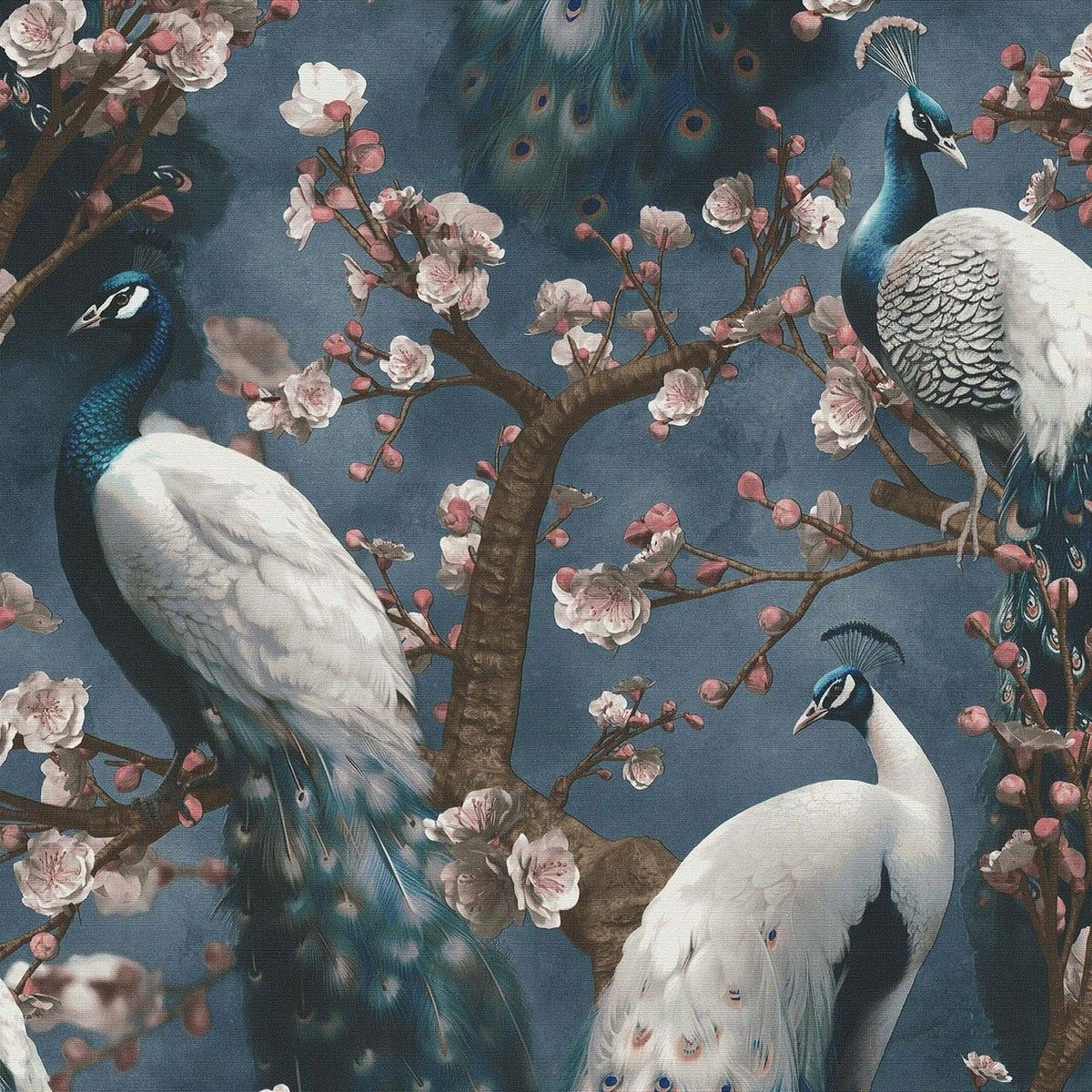 1200x1200 Peacocks Vinyl Wallpaper Flowers Exotic Birds Tree Erismann 10414 08 Navy