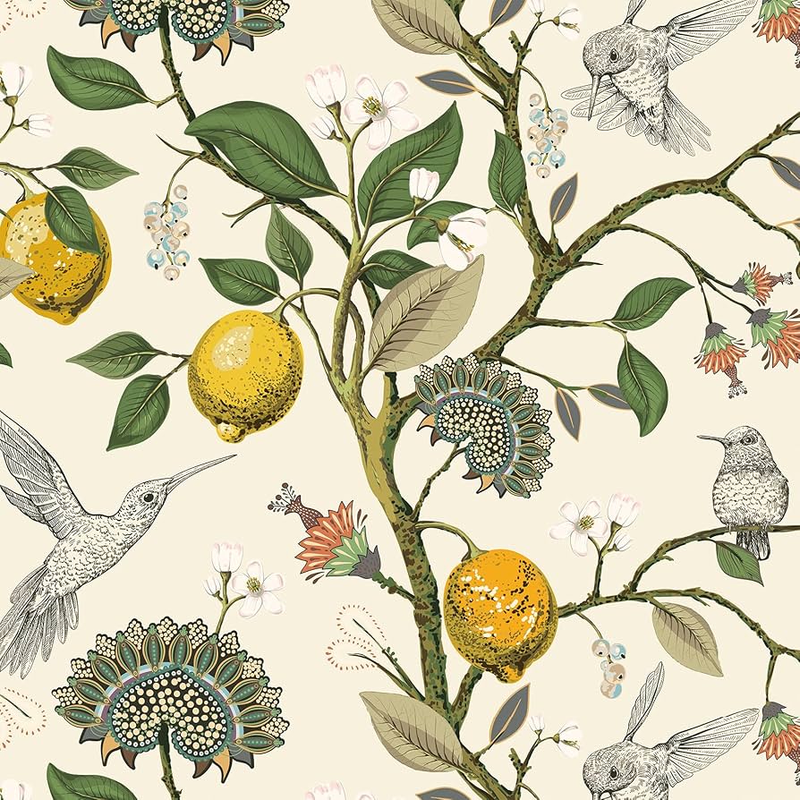 894x894 Livelynine 17.5x591 Neutral Bird Wallpaper Peel and Stick Wall Paper Birds Vintage Retro Hummingbird Gold Lemon Tree Kitchen Wallpaper Waterproof Self Adhesive Lemons Contact Paper for Cabinets Green