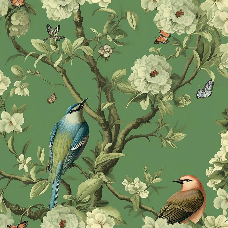 894x894 VEELIKE Green Floral Peel and Stick Wallpaper Vintage Branches Birds Wallpaper for Bathroom Bedroom 17.7''x354'' Renter Friendly Removable Chinoiserie Wall Mural Green Contact Paper for Cabinets