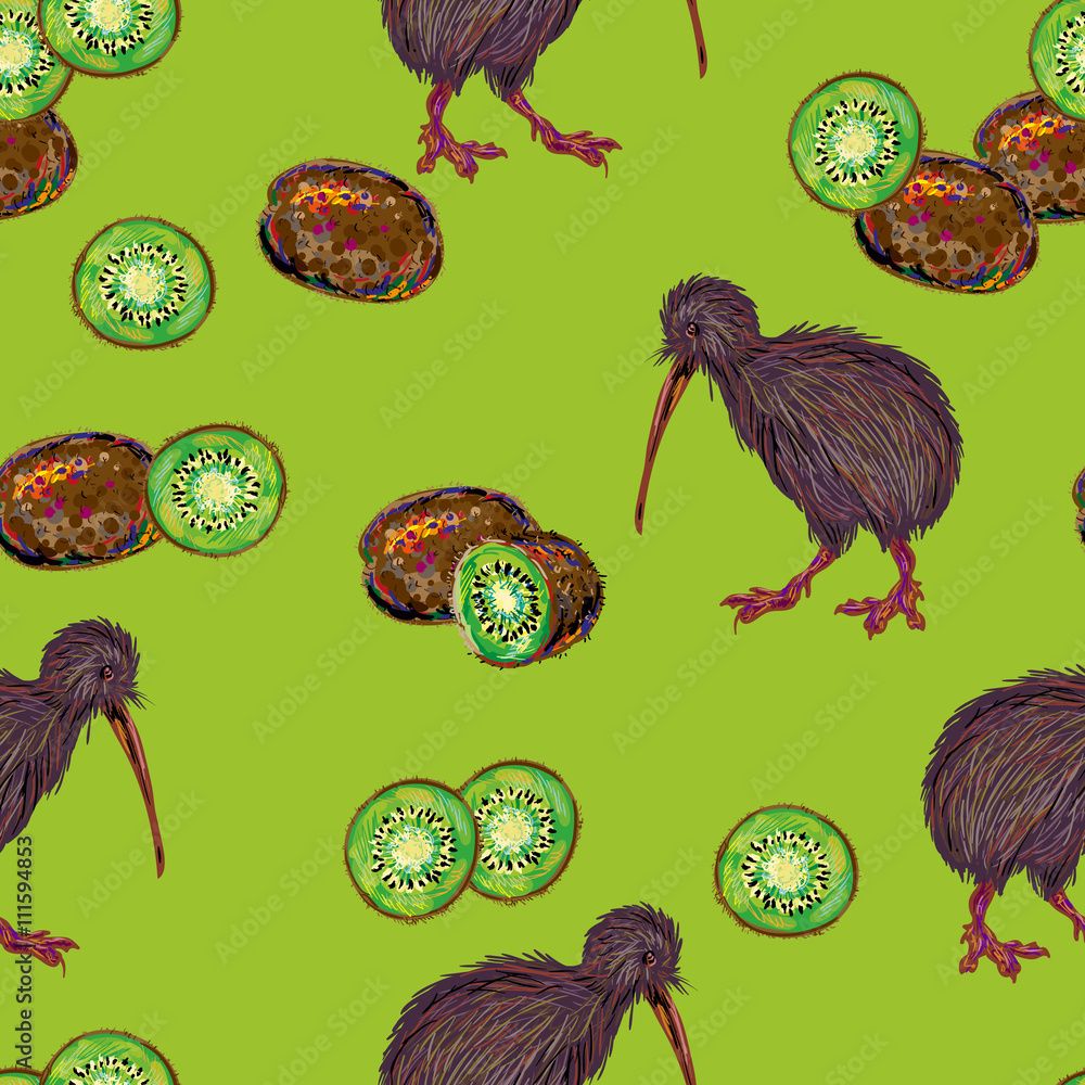 1000x1000 Seamless Pattern With Flightless New Zealand Kiwi Bird And Kiwi Fruit. Pattern Of Kiwi Birds, Fruits Vector Background. Perfect For Wallpaper, Pattern Fills, Web Background, Surface Texture, Textile Stock Vektor