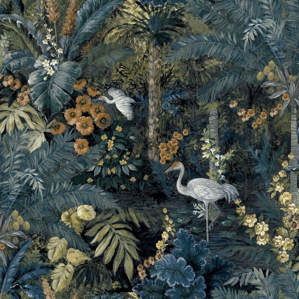 1000x1000 Holden Jungle Paradise Birds Cranes Floral Leaf Wallpaper Blue 13180