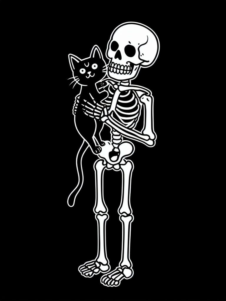768x1024 Playful White Skeleton Illustration on Black Background Art