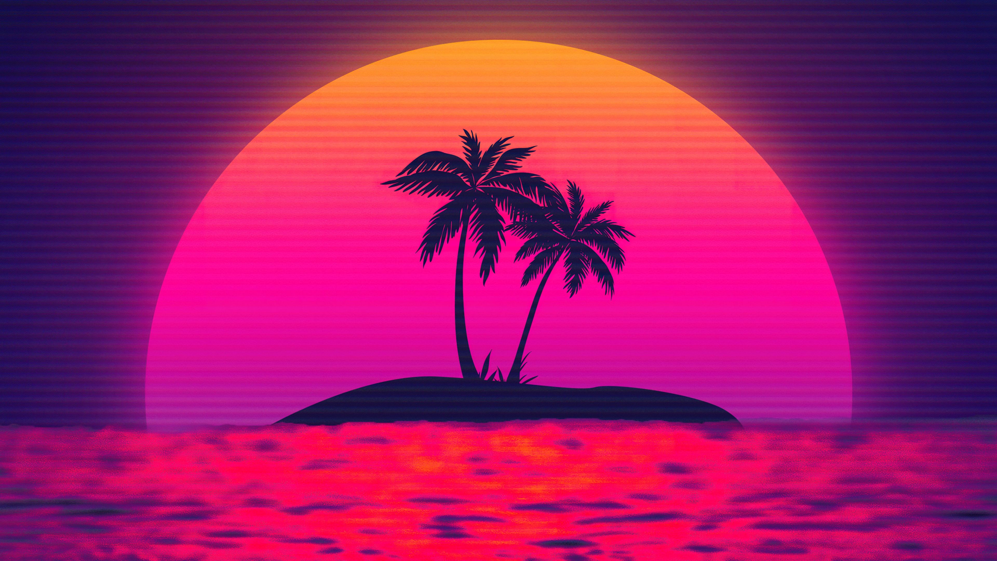 3840x2160 Vaporwave Wallpaper 4K, Sunset, Palm trees, Island, 5K
