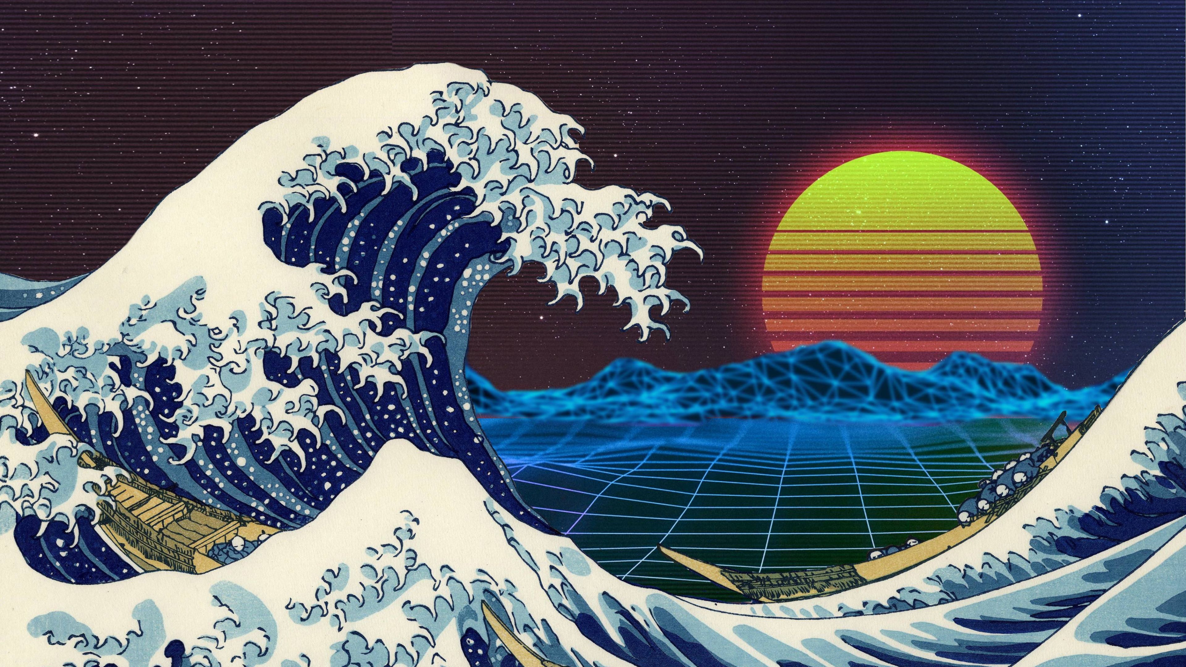 3840x2160 Sea Waves And Sunset Digital Art With Dark Sky And Stars Background 4K HD Vaporwave Wallpaper