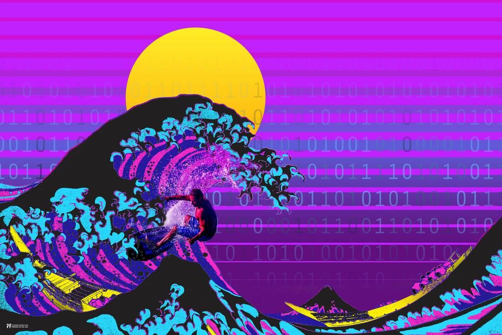 1024x683 Laminated Great Wave Surfer Surfing Vaporwave Aesthetic Decor Retro Vintage 90s Y2K Room Decor Neon Pink Bedroom Decor Indie Vibey Aesthetic Vaporwave Art Japanese Art Poster Dry Erase Wall Art 16x24