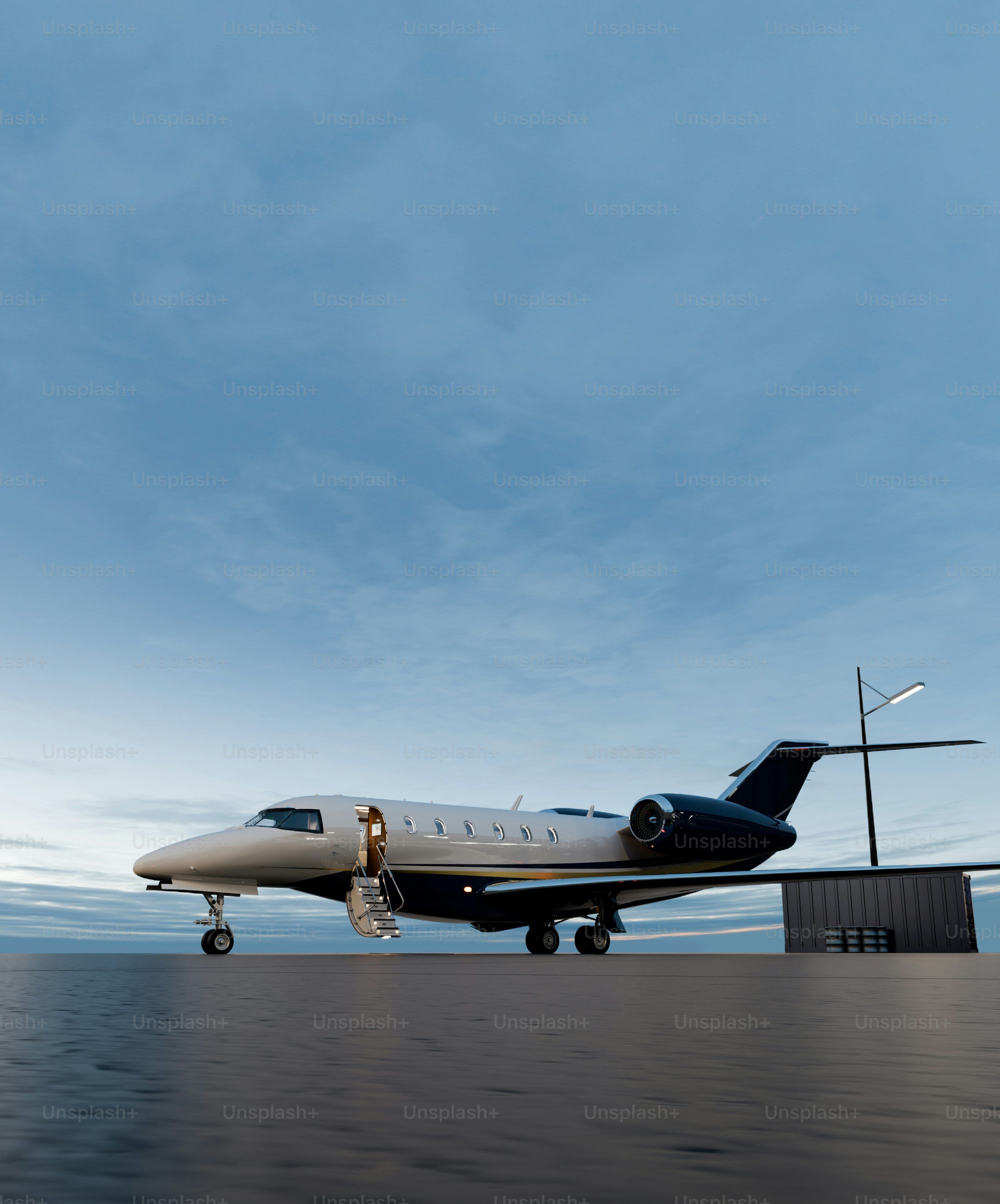 3000x3610 Private jet with open door on tarmac photo