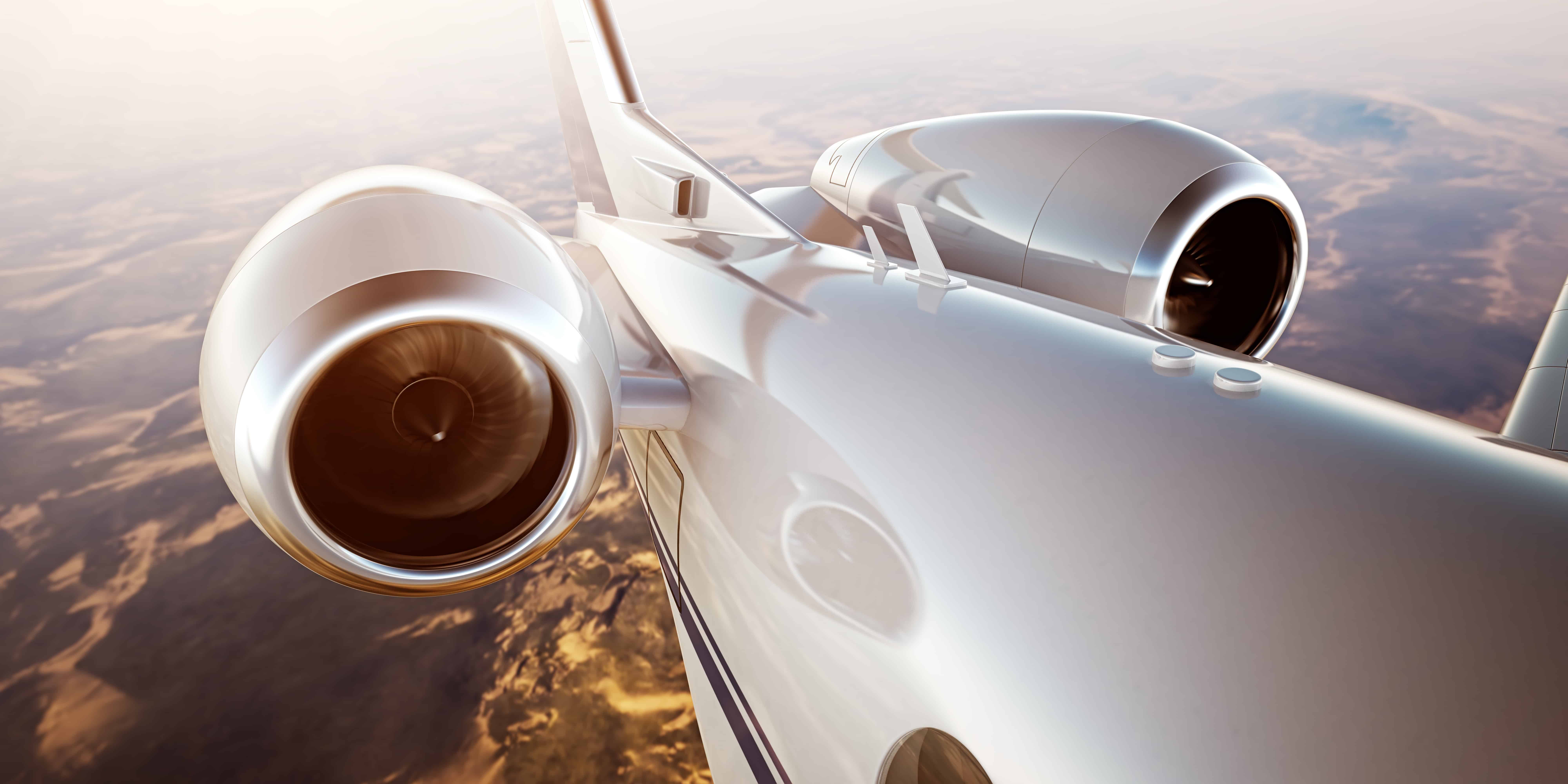8000x4000 Photo White Luxury Generic Design Private Jet Flying in Blue Sky at sunrise.Closeup Picture of two Reactive Turbine.Mans world.Full power. Business Travel Picture.Horizontal, Film Effect. 3D rendering. Jet Center