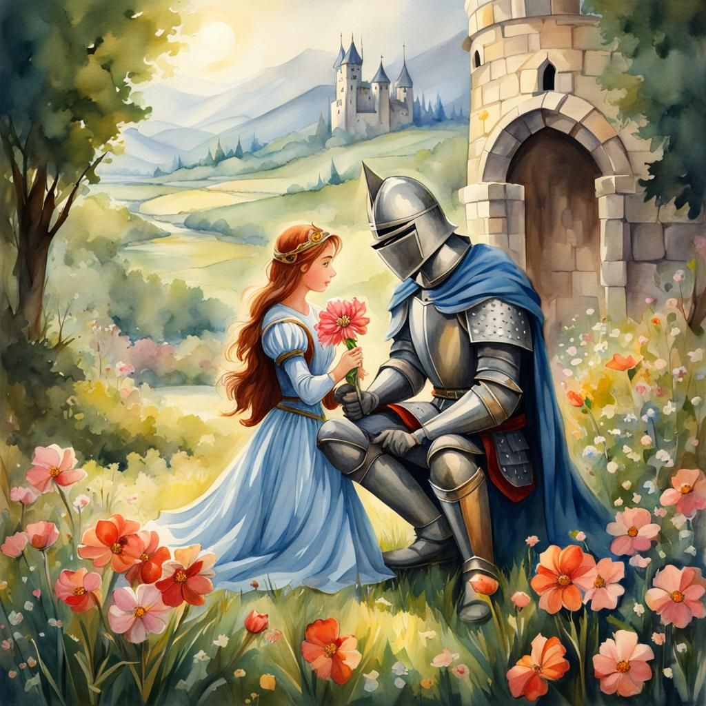 1024x1024 Storybook illustration), medieval knight on his knee, giving a princess a flower, watercolor matte background detailed painting beautiful m