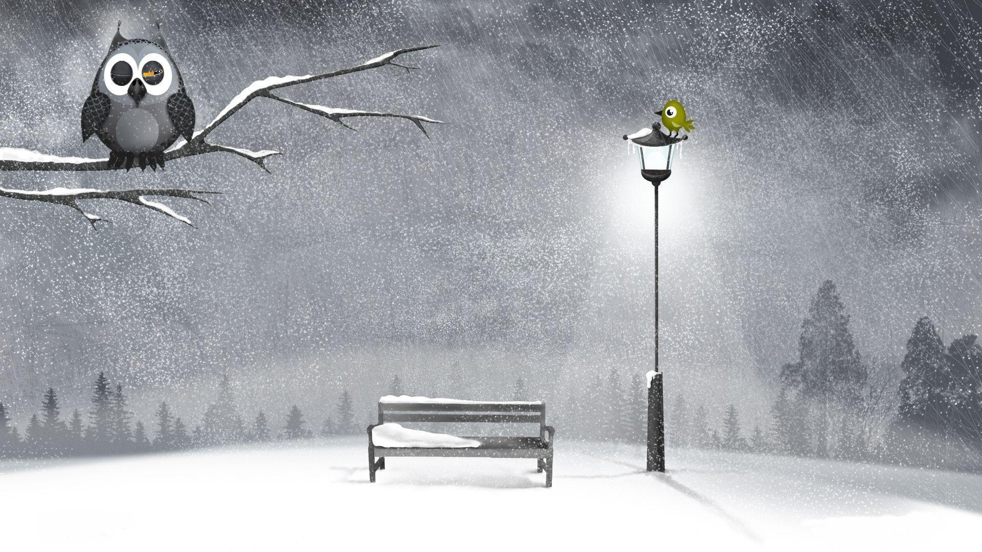 1920x1080 Winter owl lamp bench Tree night snow bird