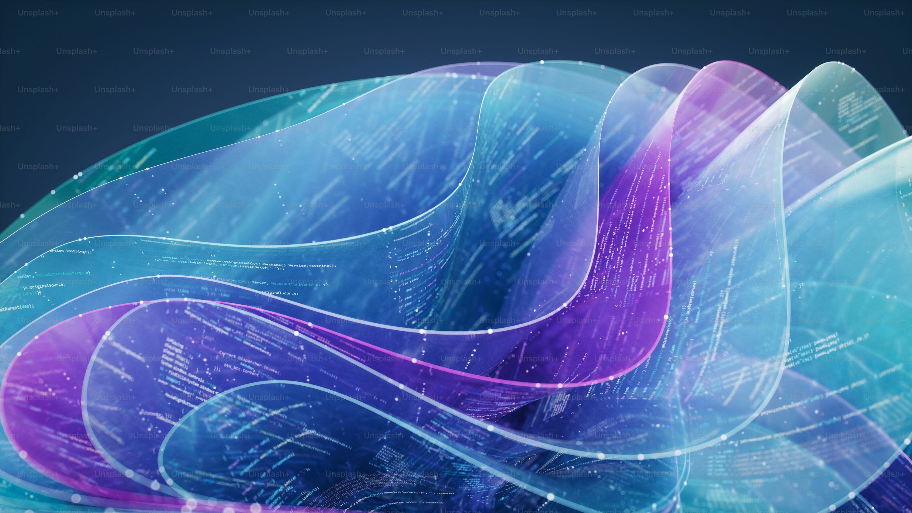 3000x1688 Abstract flowing layers with integrated code represent an AI coding assistant interface. Design reflects a vibecoding aesthetic with cool tones. photo