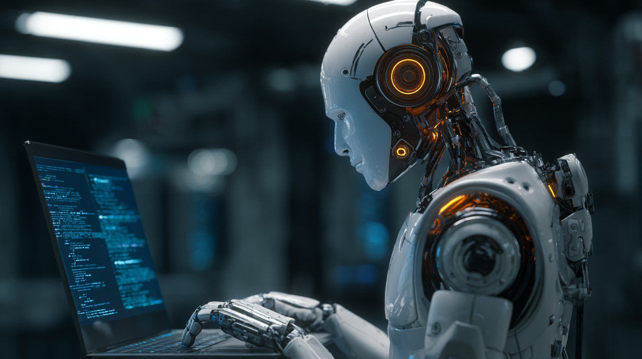 1285x720 Futuristic Humanoid AI Robot Coding on Laptop