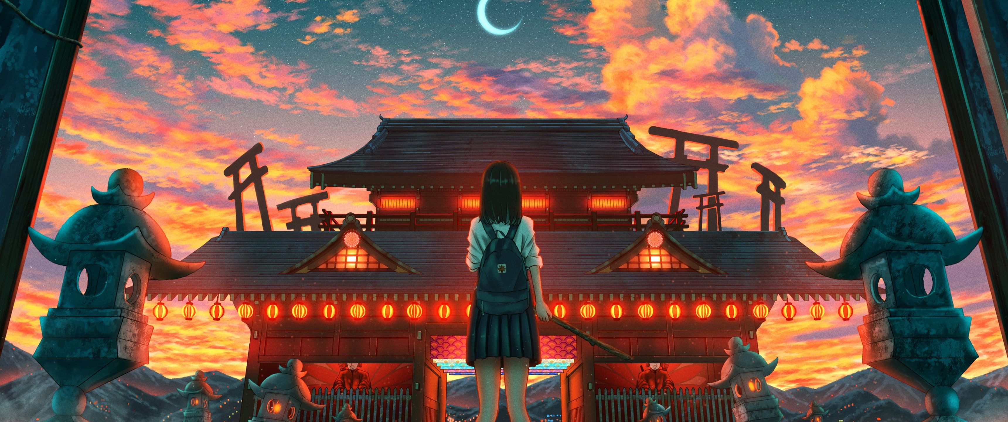 3440x1440 Ancient architecture Wallpaper 4K, Japanese girl, Crescent Moon