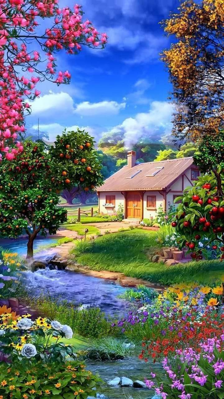 720x1280 House in the Middle of Nature. Spring scenery wallpaper, Spring floral scenery art, Animated garden image