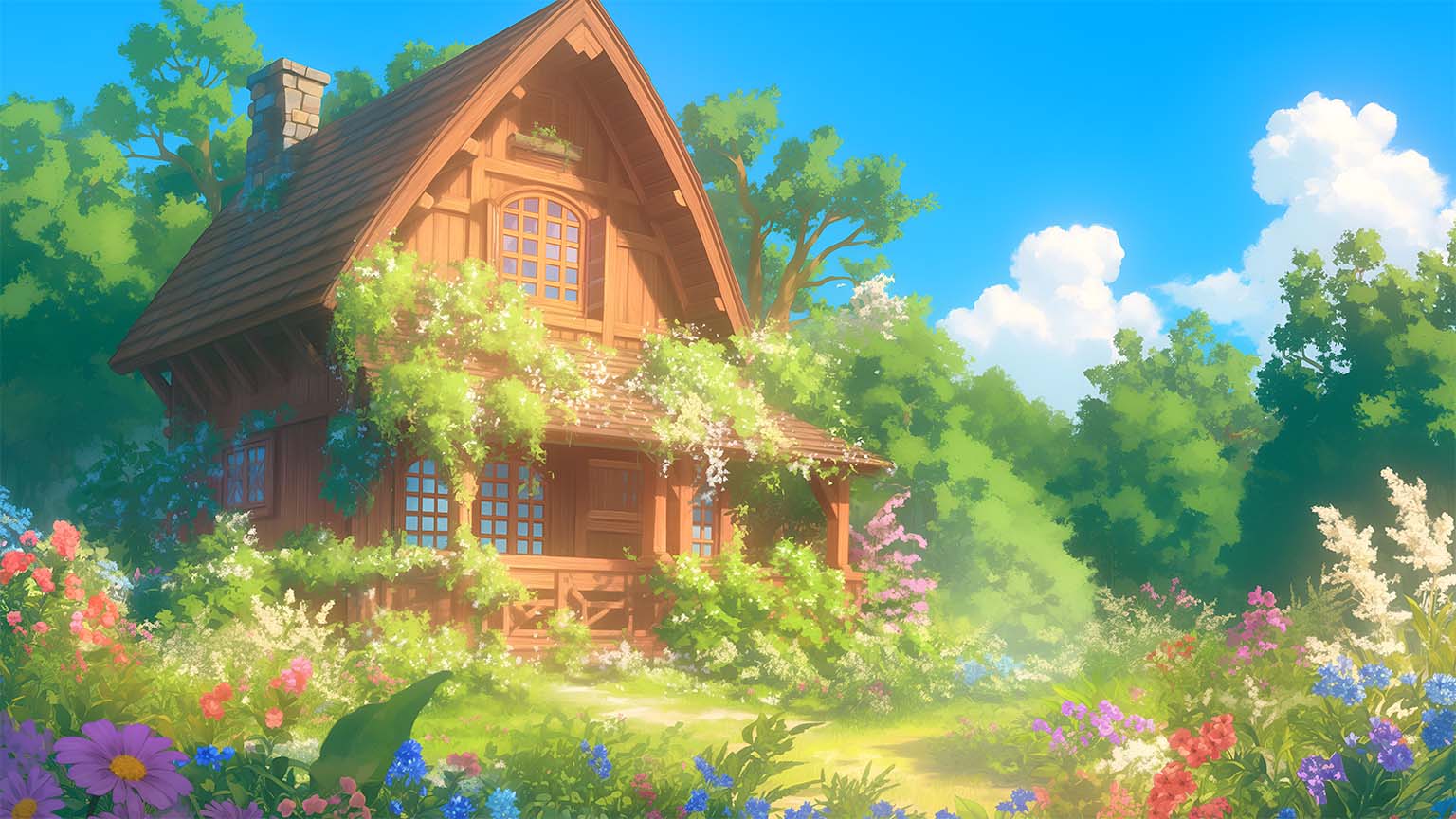 1536x864 Cool Ghibli Cottage in Flower Field Desktop Wallpaper 4K
