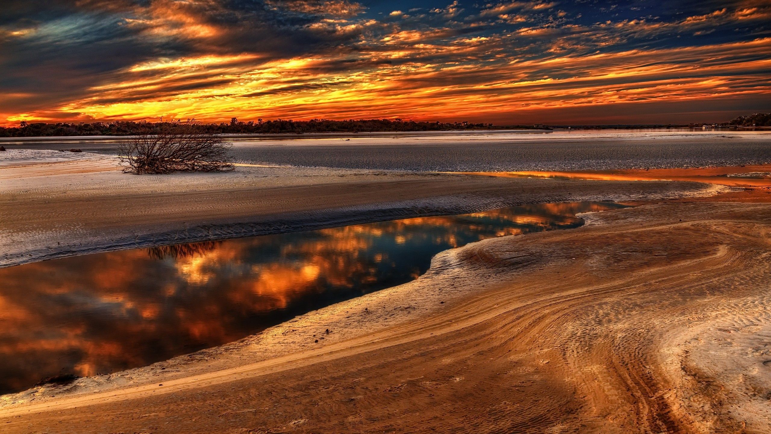 2560x1440 Lake In Desert With Reflection Of Fiery Cloud During Sunset HD Nature Wallpaper