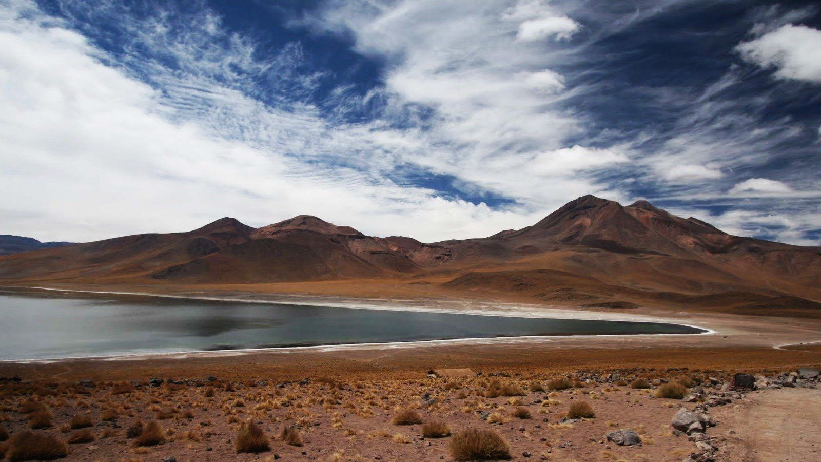 1600x900 water, Chile, Blue, Mountains, Clouds, Landscapes, Nature, White, Brown, Lakes, Andes, Skies, Atacama, Desert, Upscaled Wallpaper HD / Desktop and Mobile Background