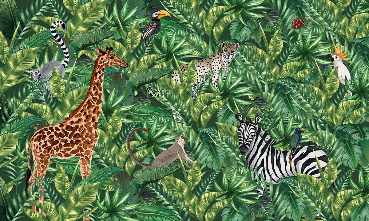 1200x720 Tropical Jungle Animal Print Wall Mural