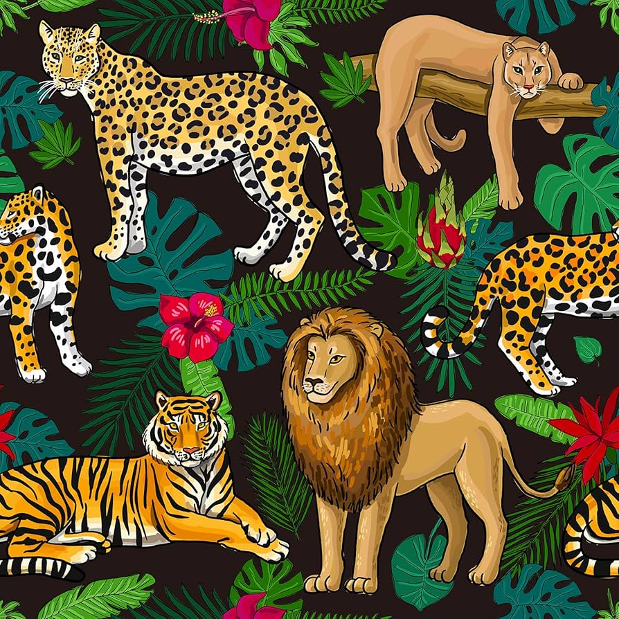 894x894 CHIHUT 17.7”x236” Wild Safari Animal Peel and Stick Wallpaper Tropical Tigers Lions Leopards Wallpaper for Kids Room Nursery Self Adhesive Jungle Green Palm Leaf Contact Paper for Accent Walls