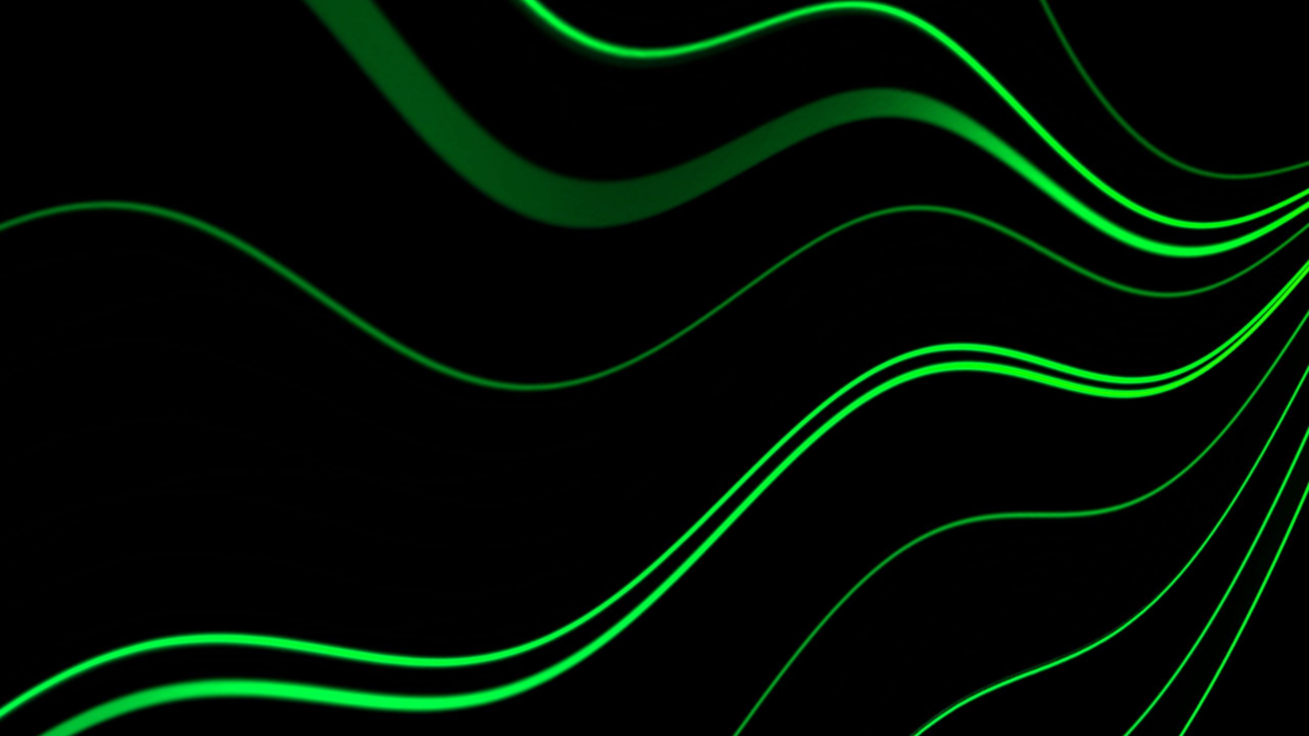 2560x1440 Download wallpaper 2560x1440 lines, wavy, green, black, glow widescreen 16:9 HD background
