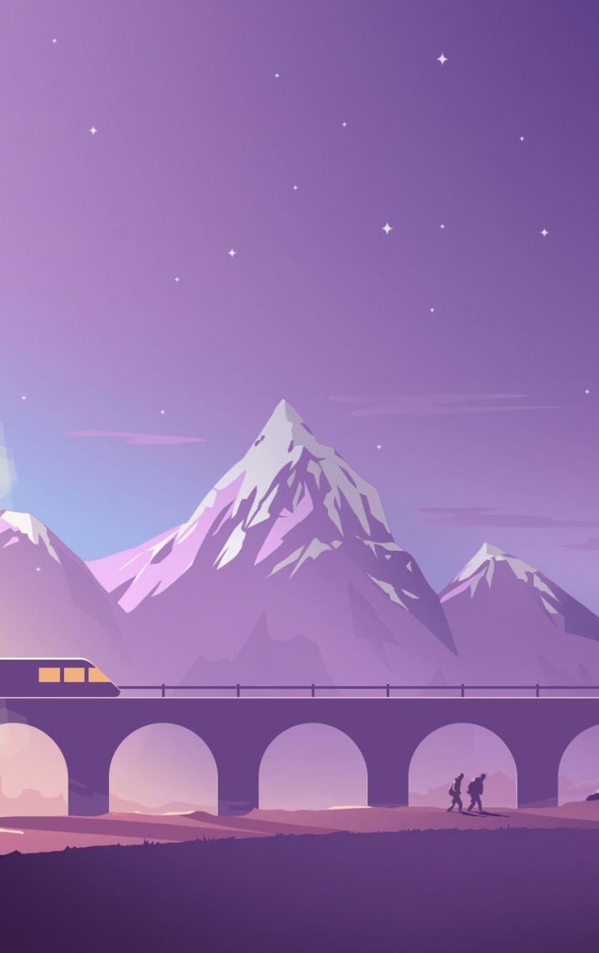 840x1336 Download 840x1336 wallpaper train, bridge, mountains, minimalistic