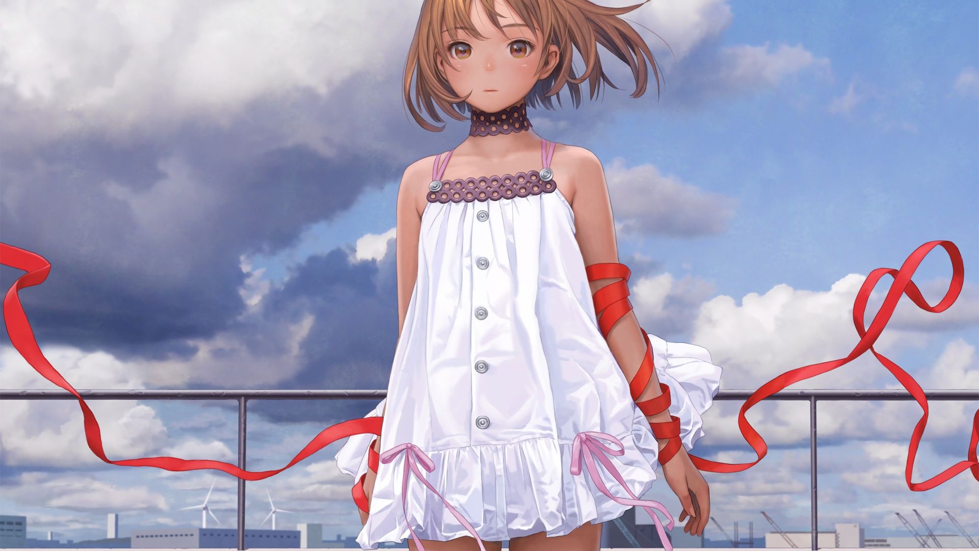 1920x1080 Wallpaper art, girl, white dress, red ribbon, Range Murata for mobile and desktop, section арт, resolution 1920x1080