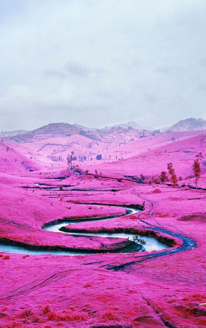 840x1336 Download 840x1336 wallpaper river, valley, pink blossom, landscape