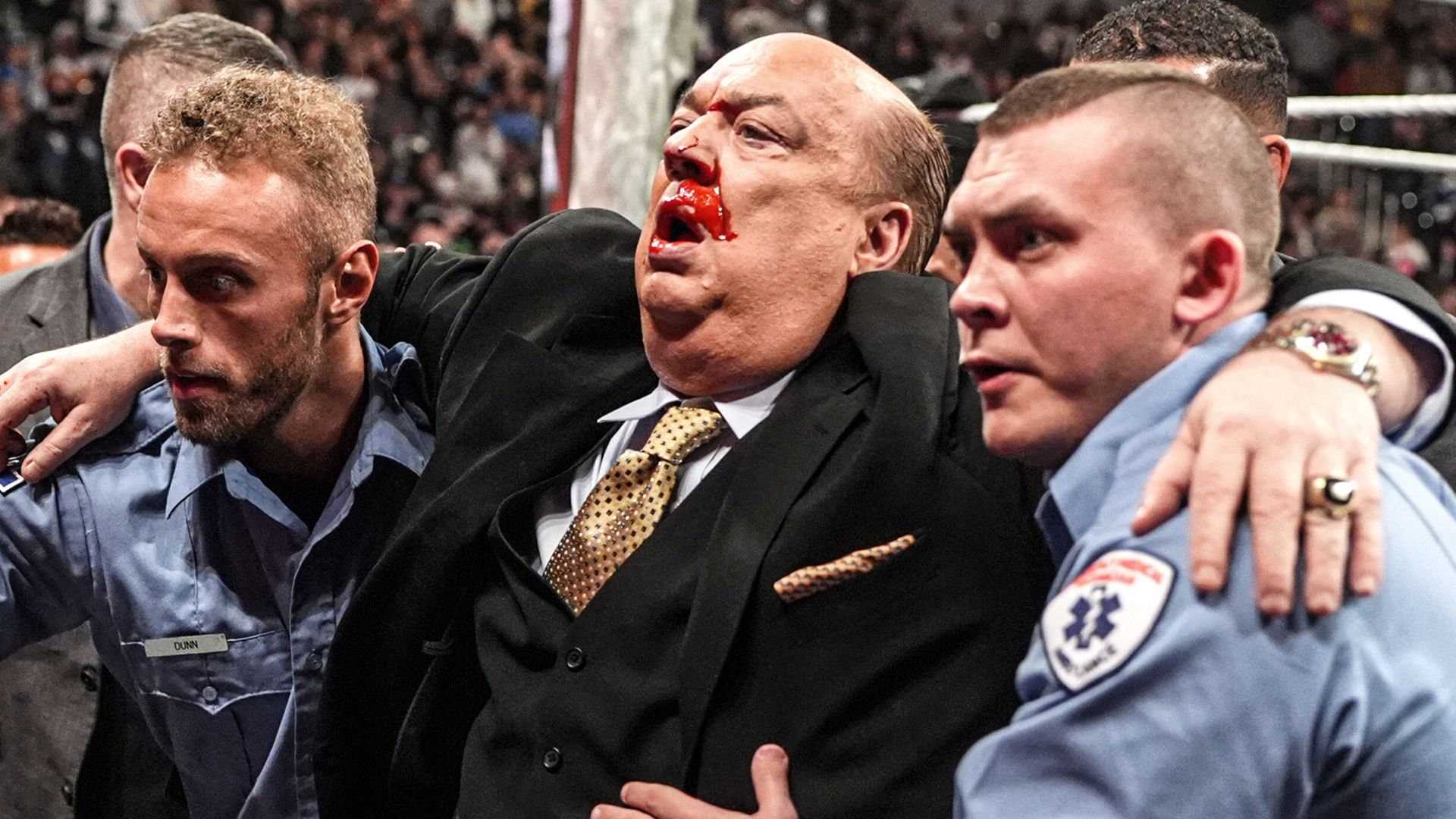 1920x1080 EXCLUSIVE: A busted open Paul Heyman gets helped to the locker room: Raw highlights, March 2026