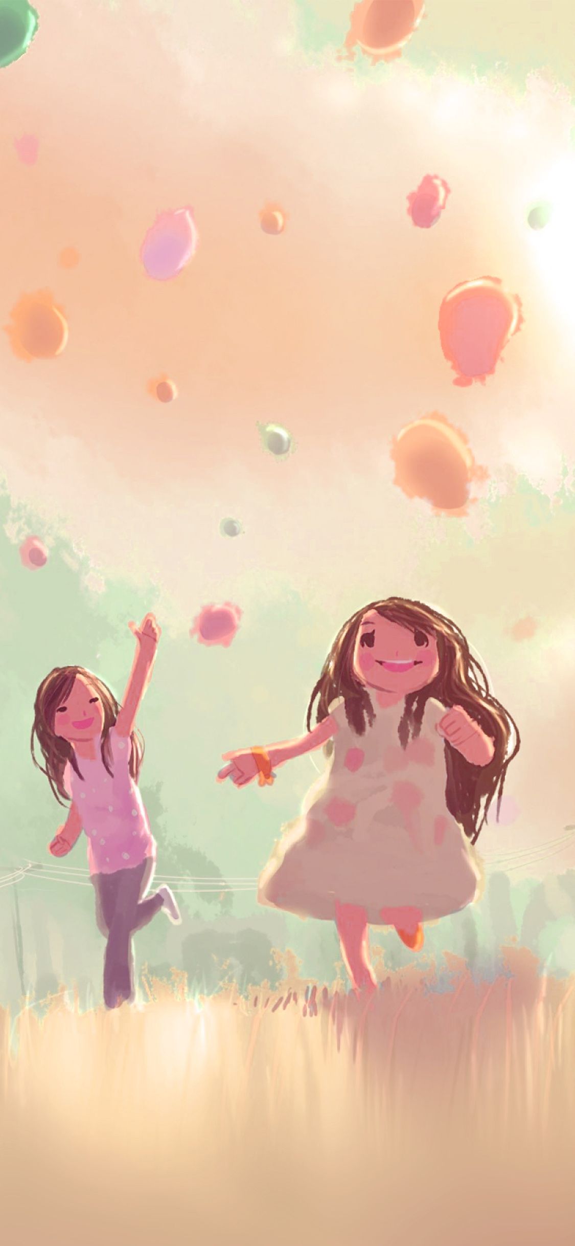1125x2436 iPhone X wallpaper. kids playing illustration art cute pink