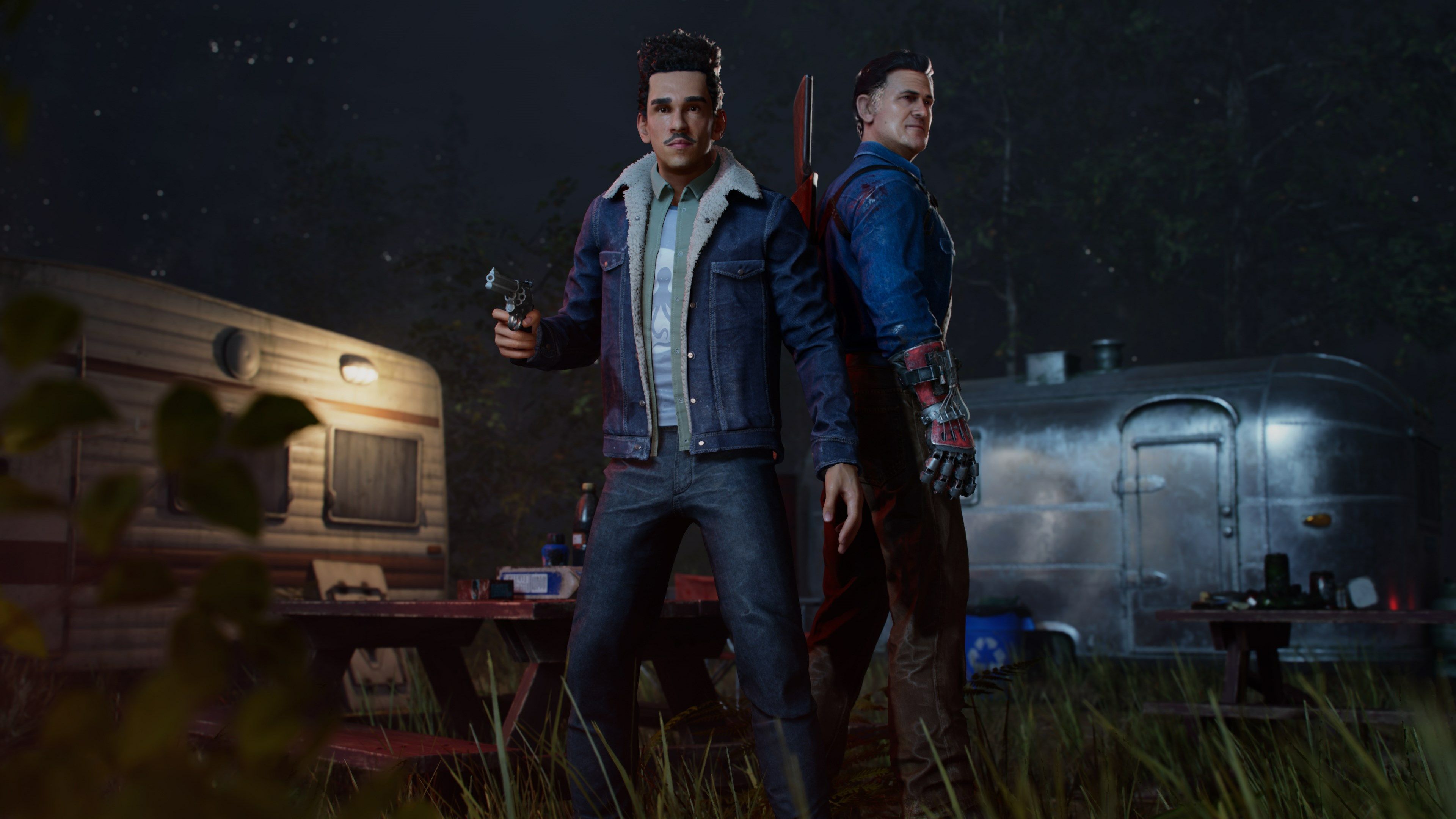 3840x2160 Bruce Campbell as Ash Williams, as well as Dana DeLorenzo as Kelly Maxwell and Ray Santiago as Pablo Simon Bolivar 4K HD Evil Dead Wallpaper