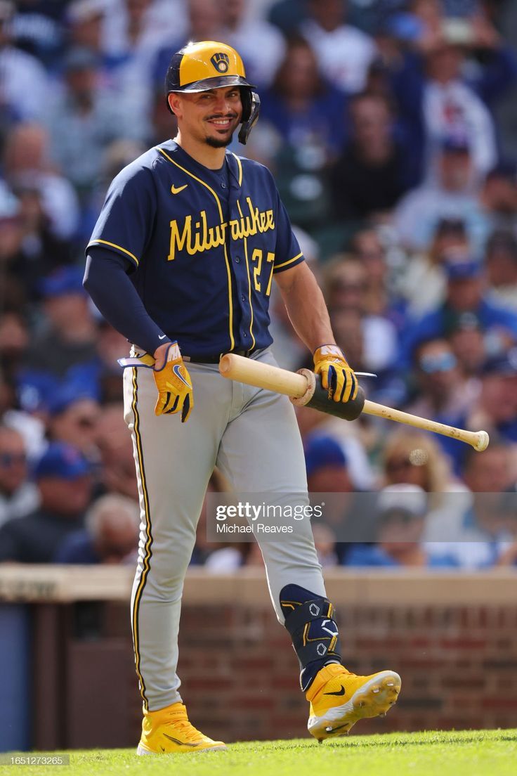 736x1104 Willy Adames of the Milwaukee Brewers looks on against the Chicago. News Photo