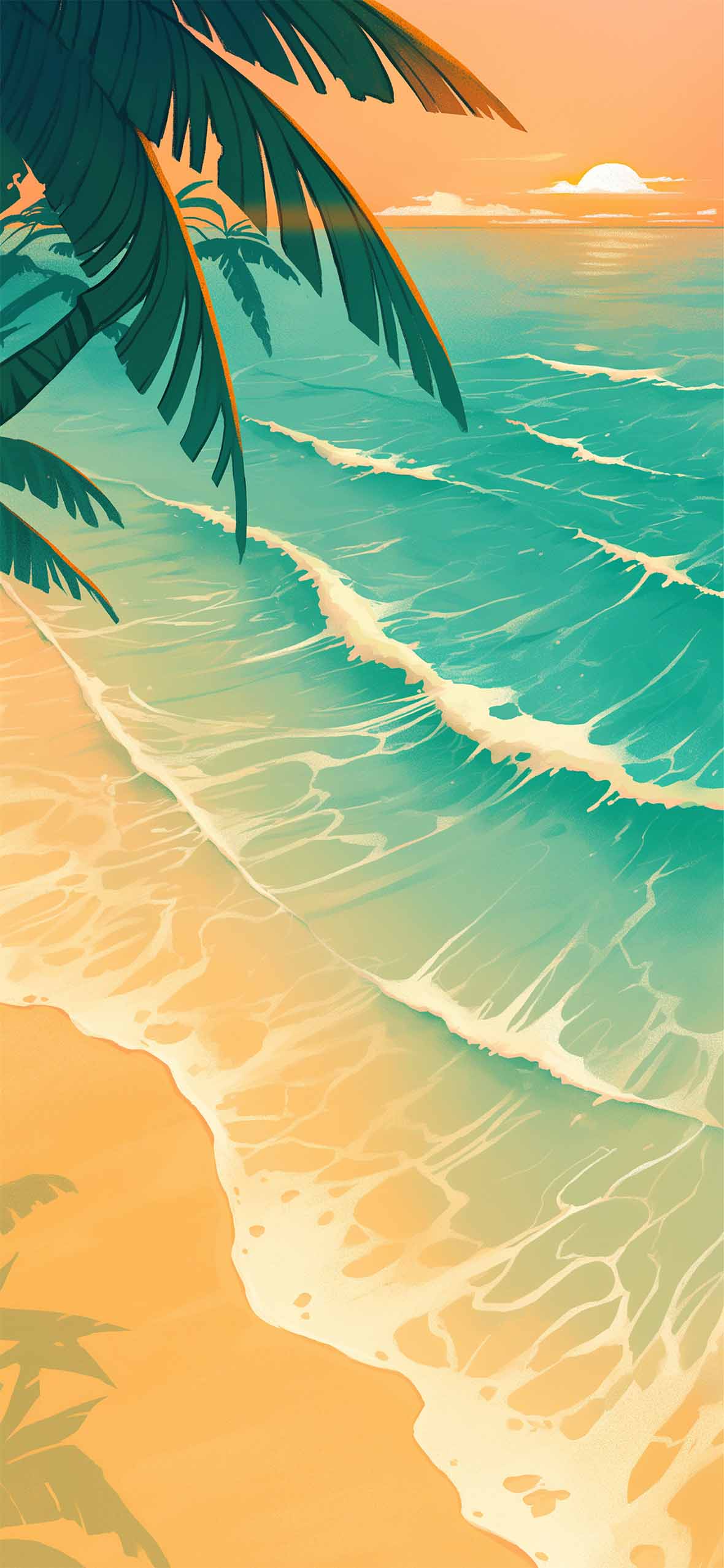 1180x2554 Tropical Ocean Waves Sunset Beach Wallpaper