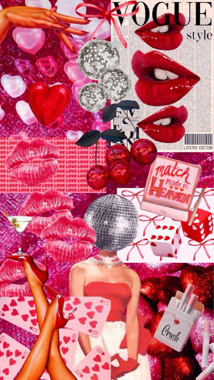 700x1244 Glam Red Valentine Collage Vogue Lips, Disco & Sparkly Love Aesthetic