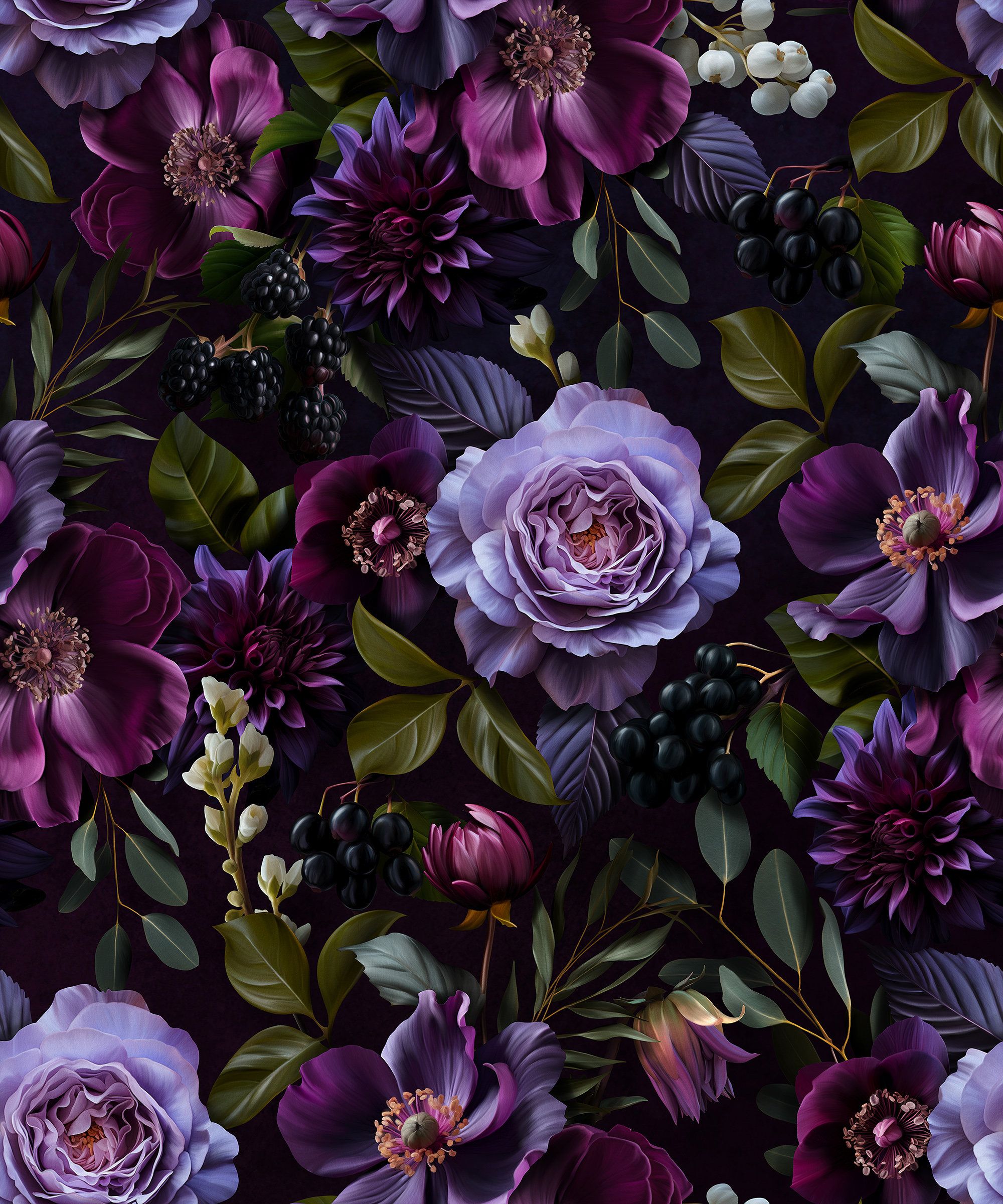 2000x2400 Lark Manor™ Moody Gothic Dark Floral Luxury Wallpaper Peel And Stick Purple Flowers On Black Background Wallpaper