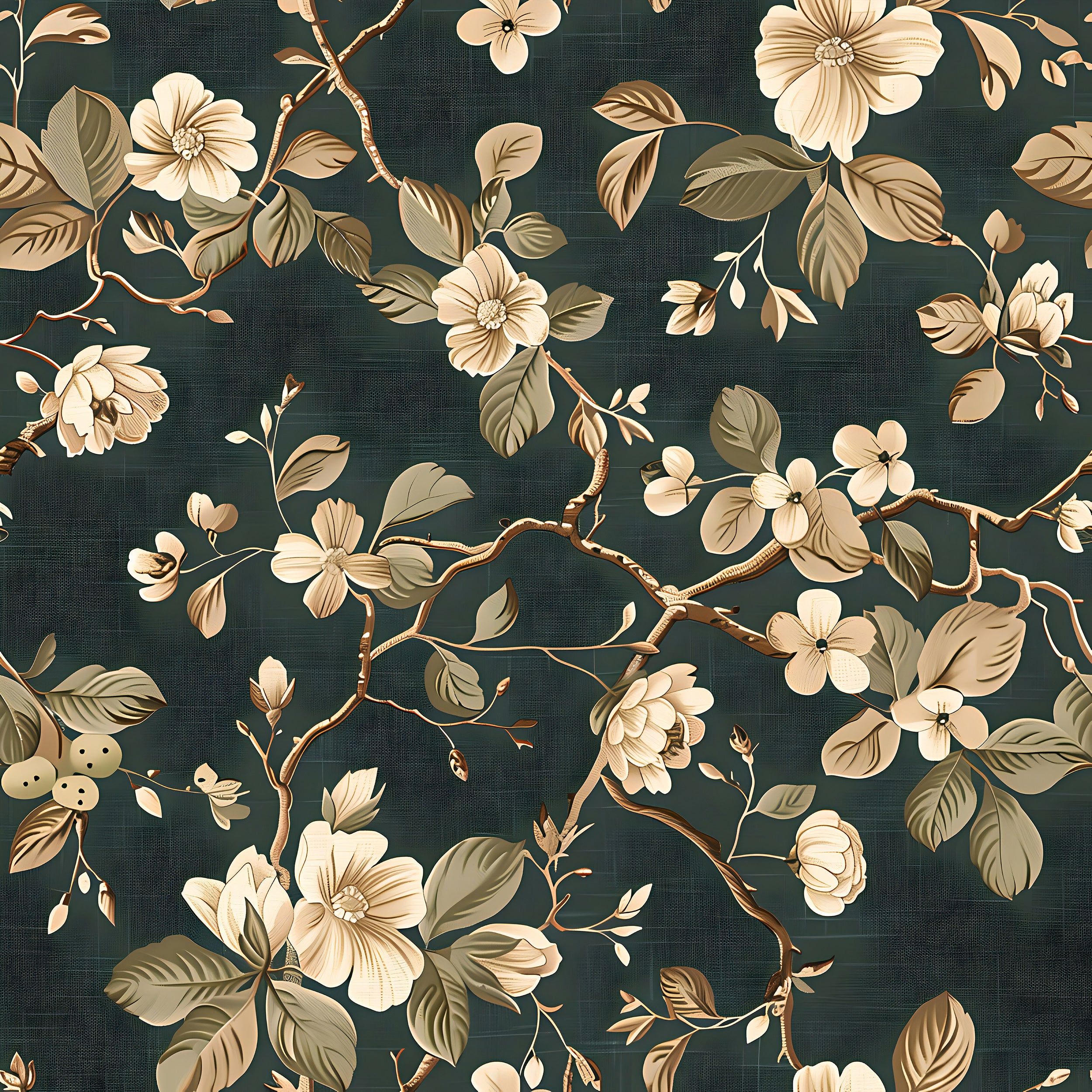 2500x2500 Deep Green Botanical Wallpaper, Vintage Dark Floral Wallpaper, Peel and Stick Luxury Beige Flowers Decor, Green and Gold Botanical