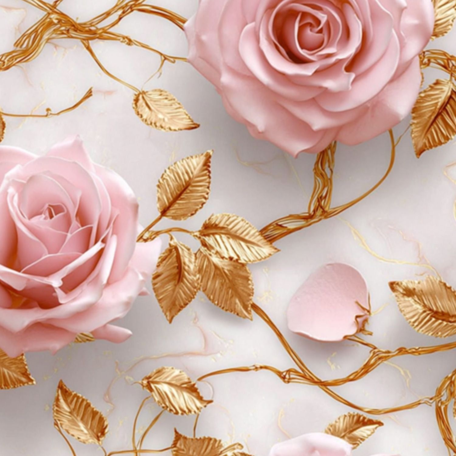1500x1500 Boho Peel and Stick Wallpaper Pink Roses Golden Leaves Elegant Floral Marble Wall Mural 17.7in x 9.8ft Self Adhesive Removable Wall Paper Renter
